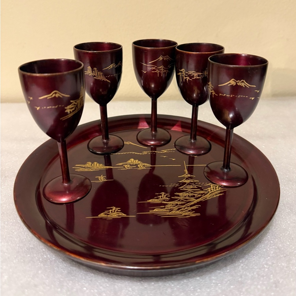 Vintage Japan Lacquerware 5 Sake Cups Stemware w/Tray